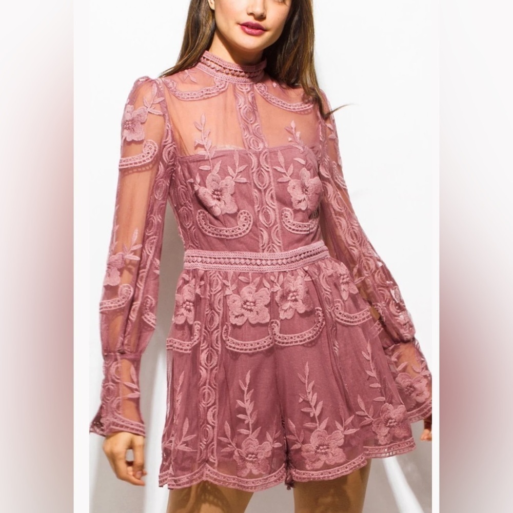 Mustard Seed Pink A-line‎ Romper with Long Bishop Sleeves
